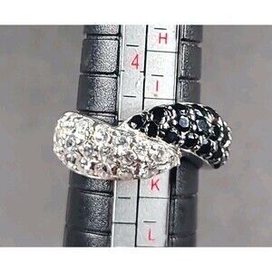 Vintage DQ Black and White CZ 925 Sterling Silver Bipass Ring size 5